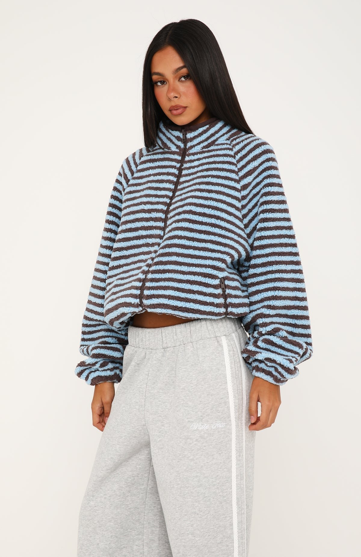Everything Moves Forward Fleece Zip Front Sweater Blue Stripe view 3