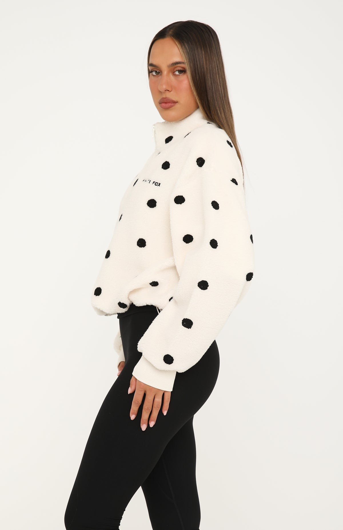 We'll Figure It Out Fleece Quarter Zip Sweater Cream Polka Dot view 3