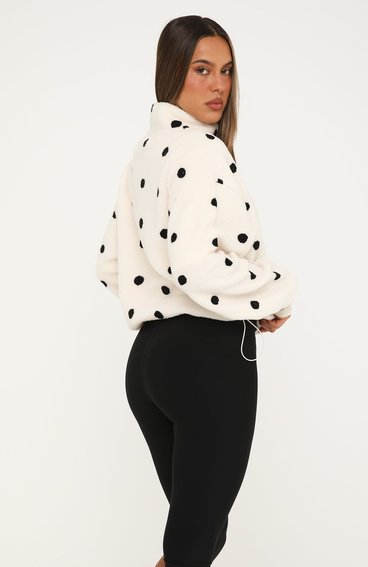 We'll Figure It Out Fleece Quarter Zip Sweater Cream Polka Dot view 4